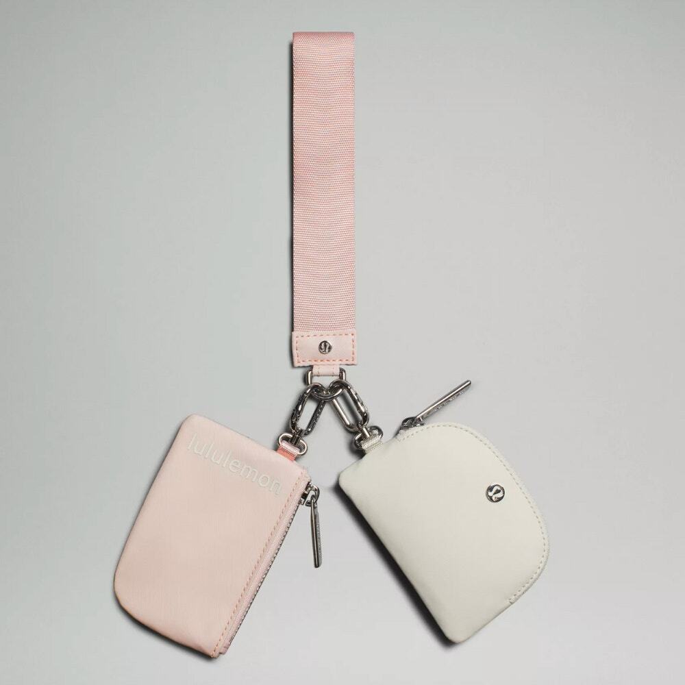 NWT Lululemon Dual Pouch Wristlet Wallet Keychain - Pink and White Silver
